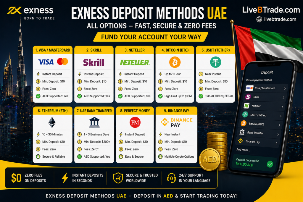 Exness deposit methods UAE including Visa, Skrill, Neteller, Bitcoin, USDT and bank transfer with instant funding and zero fees