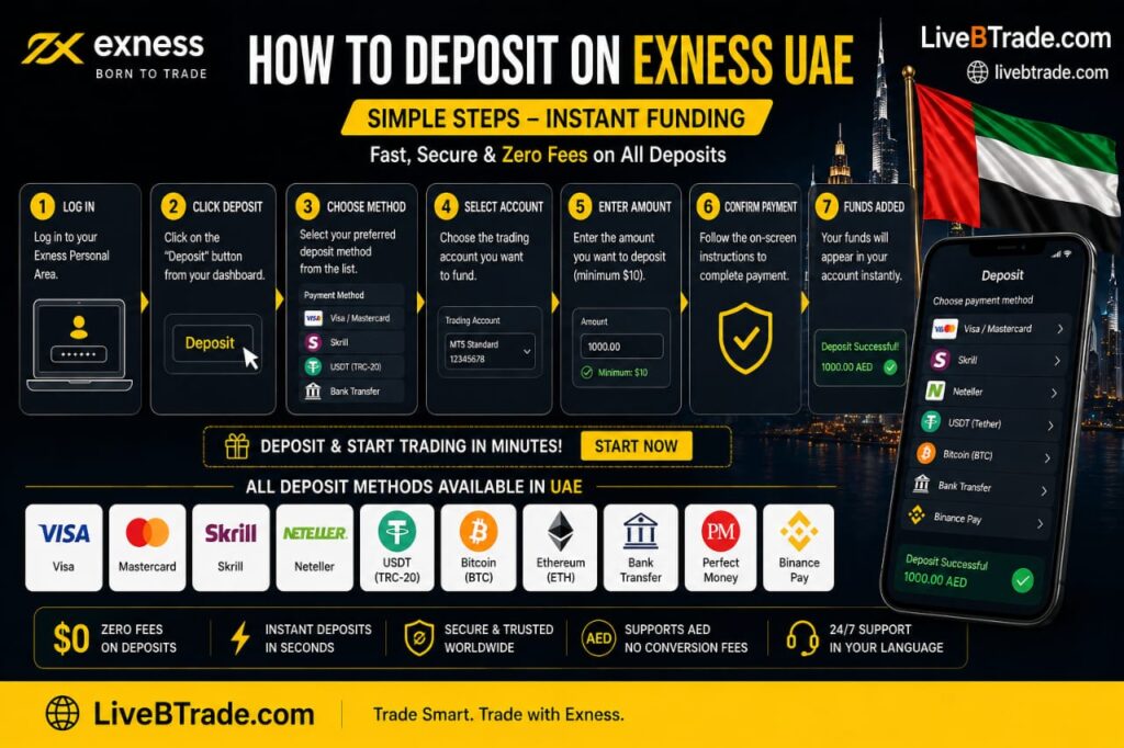 Exness UAE deposit steps with instant funding and zero fees